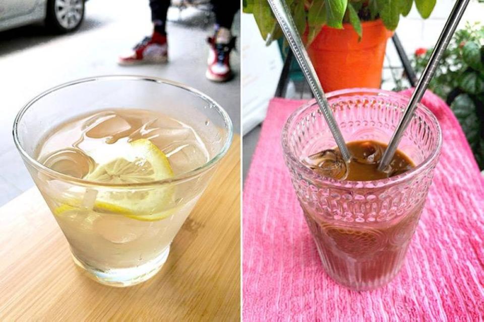 Honey lemongrass cooler (left) and iced Vietnamese drip coffee with milk (right).