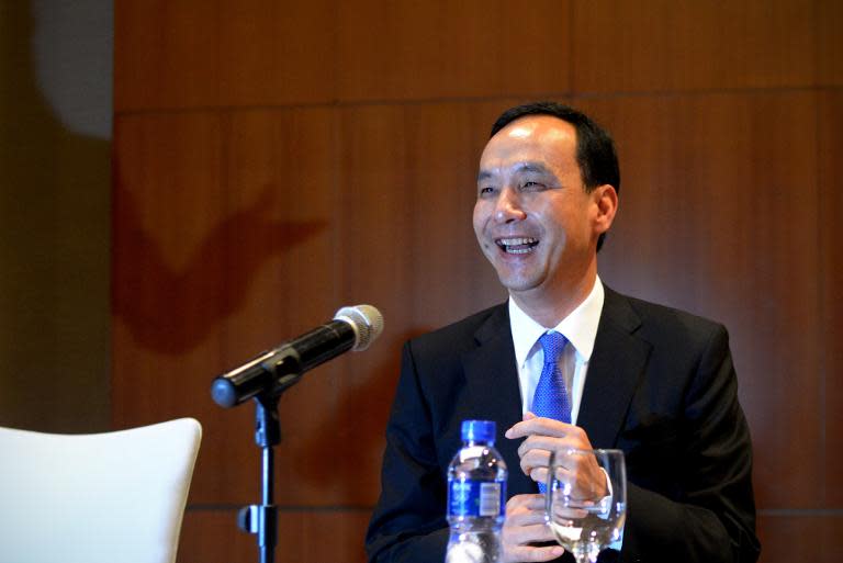 Eric Chu, chairman of Taiwan's ruling Kuomintang (KMT) party, pictured during a press conference in Beijing on May 4, 2015