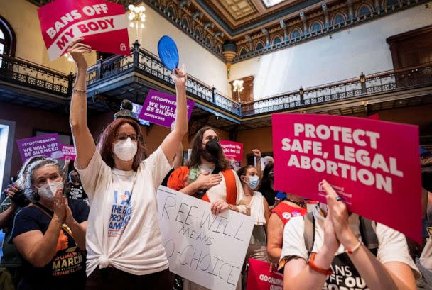 PHOTO: In this Aug. 30, 2022, file photo, protesters gather inside the South Carolina House as members debate a new near-total ban on abortion with no exceptions for pregnancies caused by rape or incest at the state legislature, in Columbia, S.C. (Sam Wolfe/Reuters, FILE)