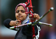 LONDON, ENGLAND - AUGUST 01: Rand Al-Mashhadani of Iraq competes in her Women's Individual Archery 1/32 Eliminations match against Ki Bo Bae of Korea during the Women's Individual Archery on Day 5 of the London 2012 Olympic Games at Lord's Cricket Ground on August 1, 2012 in London, England. (Photo by Paul Gilham/Getty Images)