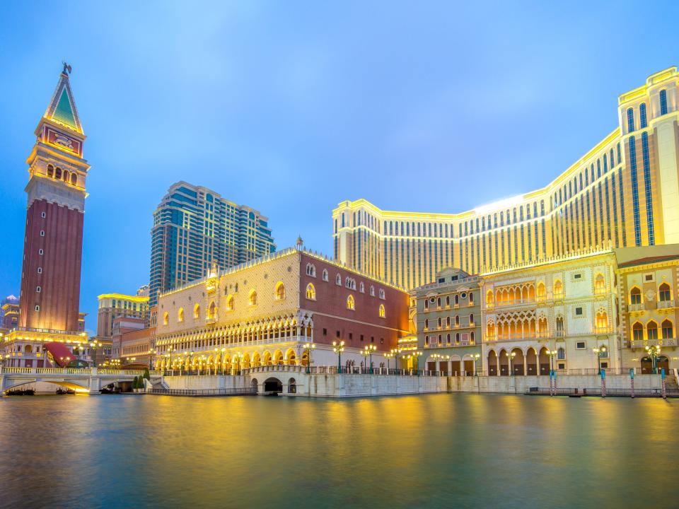 Casino and resort in Macau lit up against night sky