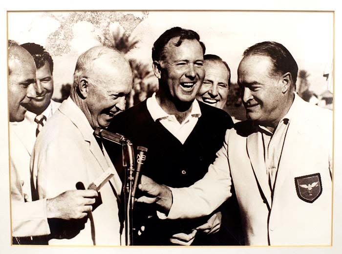 Tom Nieporte, center, won the Bob Hope Desert Classic at La Quinta Country Club in 1967. He received his trophy from President Dwight D. Eisenhower and tournament host Bob Hope.