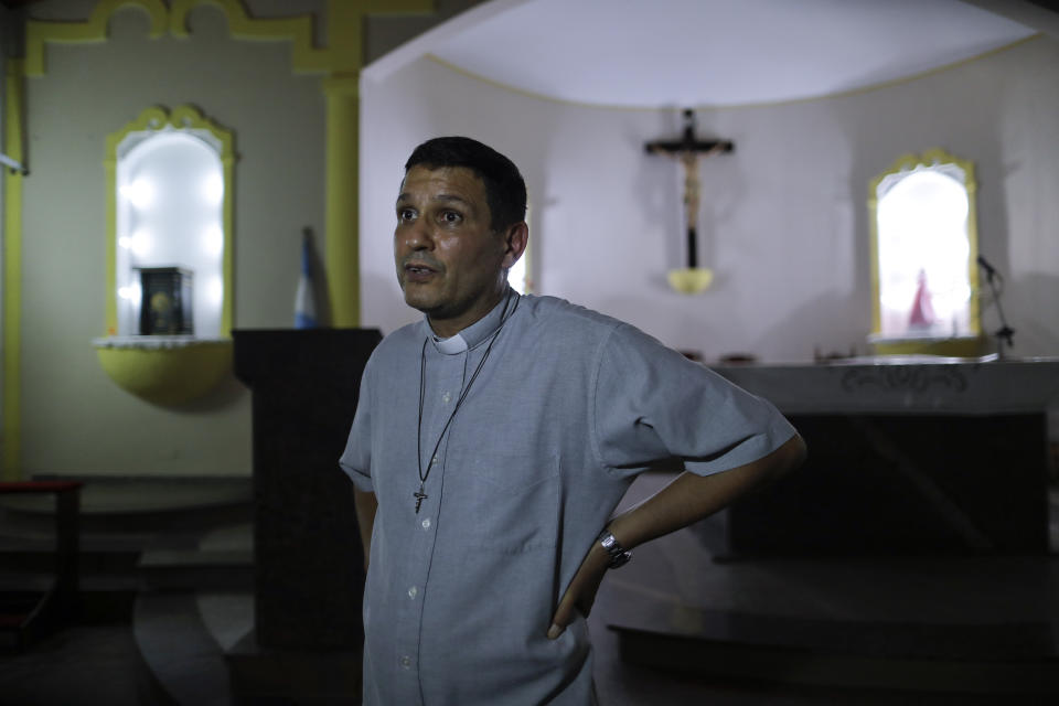 Rev. Juan Jose Manzano speaks in the " San Cayetano" Church in Oran, Argentina, Tuesday, Jan. 15, 2019. The Vatican received information in 2015 and 2017 that Argentine Bishop Gustavo Zanchetta, close to Pope Francis, had taken naked selfies, exhibited "obscene" behavior and had been accused of sexually abusing seminarians, Manzano, his former vicar general said, undermining Vatican claims that the allegations of sexual abuse were only made a few months ago. (AP Photo/Natacha Pisarenko)