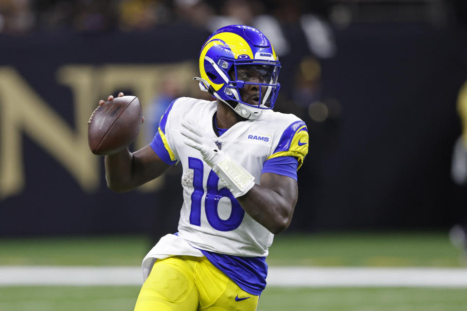 Los Angeles Rams quarterback Bryce Perkins plays against the New Orleans Saints in the second half of an NFL football game in New Orleans, Sunday, Nov. 20, 2022. (AP Photo/Butch Dill)