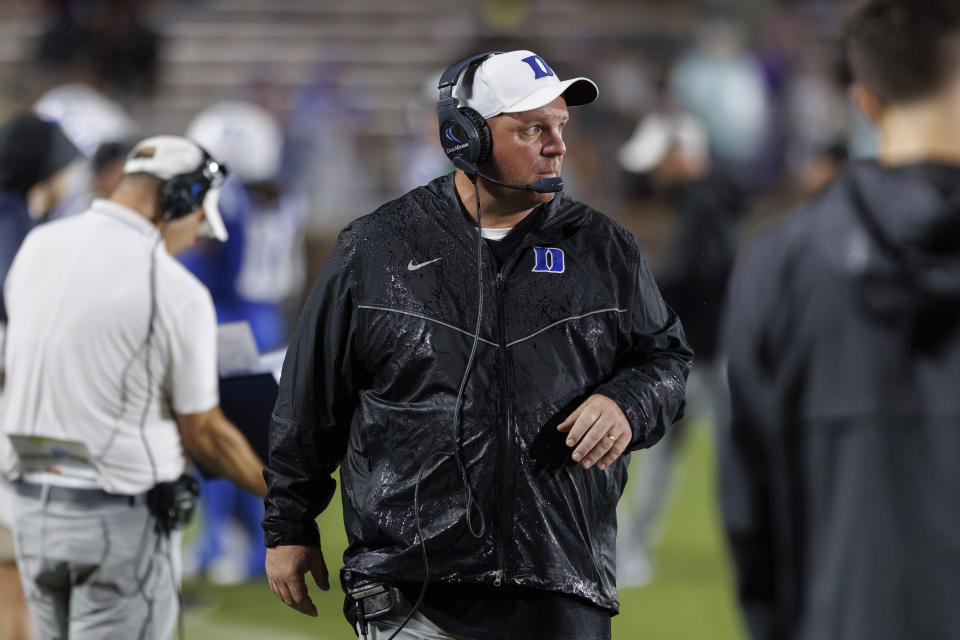 Duke coach Mike Elko looks toward the field during the second half of the team's NCAA college football game against Lafayette in Durham, N.C., Saturday, Sept. 9, 2023. (AP Photo/Ben McKeown)