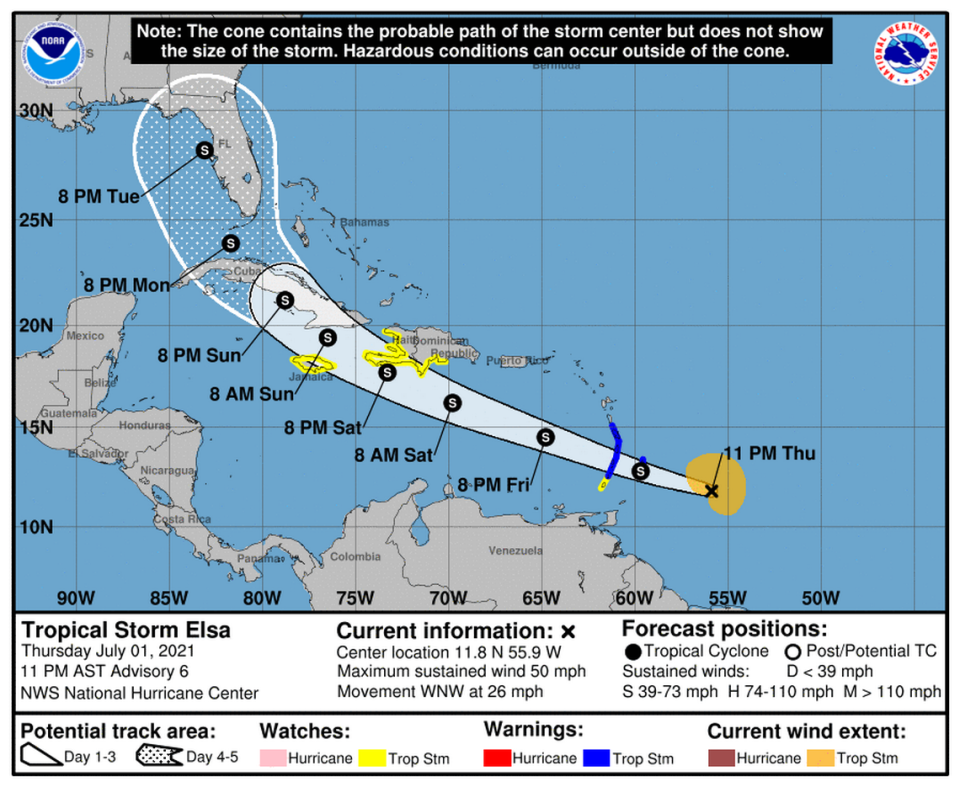 The National Hurricane Center shifted the track for Tropical Storm Elsa slightly east between the 8 p.m. update and the 11 p.m. update.