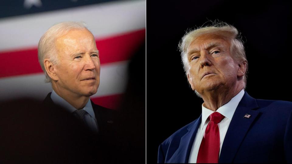 PHOTO: President Biden speaks at a campaign rally at Bowie State University on Nov. 7, 2022 in Bowie, Md., and Republican presidential candidate former President Trump at the Washington Hilton on June 24, 2023 in Washington, DC.  (Nathan Howard and Drew Angerer/Getty Images)