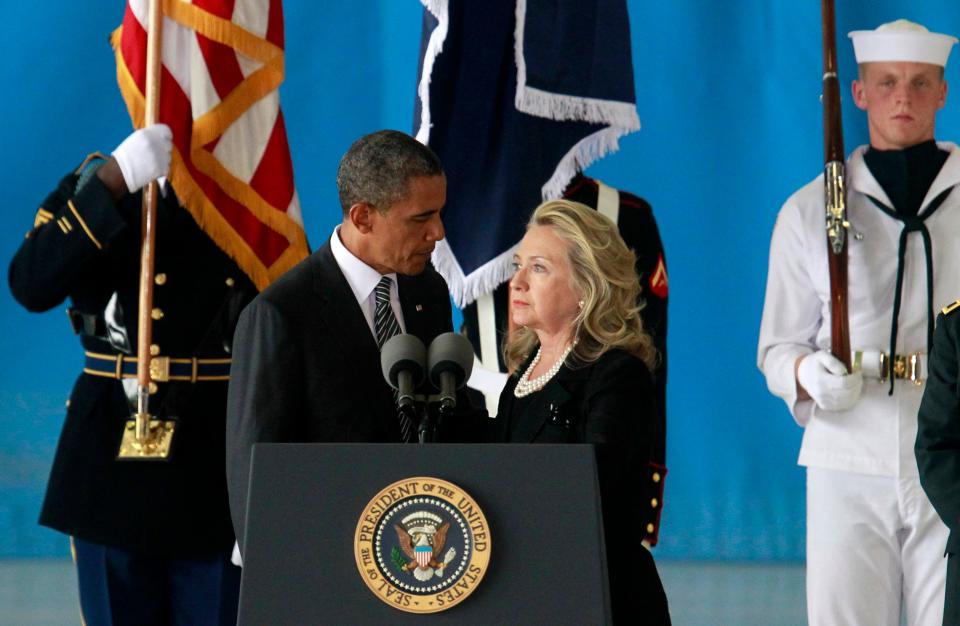 U.S. President Obama and Secretary of State Clinton deliver remarks during a transfer ceremony of the remains of U.S. Ambassador to Libya, Chris Stevens and three other Americans killed this week in Benghazi, at Andrews Air Force Base near Washington