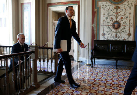 Deputy Attorney General Rod Rosenstein leaves after a closed briefing for members of the House of Representatives to discuss the firing of former FBI Director James Comey on Capitol Hill in Washington, U.S., May 19, 2017. REUTERS/Joshua Roberts