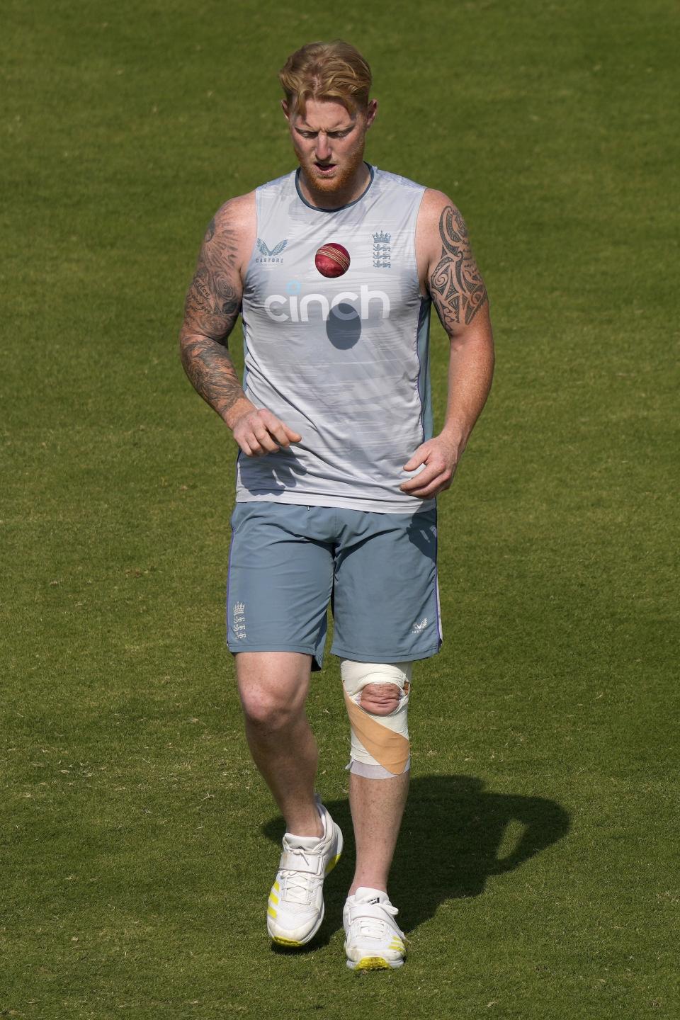 England's skipper Ben Stokes attends a training session, in Karachi, Pakistan, Friday, Dec. 16, 2022. (AP Photo/Fareed Khan)