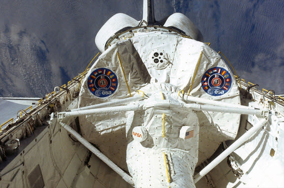 The European Space Agency's (ESA) Spacelab module is seen in the payload bay of space shuttle Columbia during the lab's first spaceflight on the STS-9 mission in 1983.
