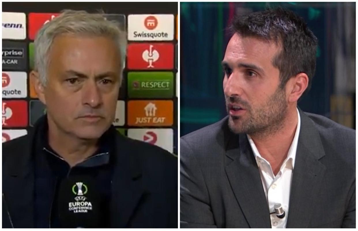 José Mourinho después de la derrota de la Roma por 6-1 y el periodista Guille Uzquiano. (Foto: Movistar).