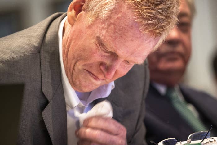 Alex Murdaugh cries while watching a video clip on his son Paul's phone during his double murder trial at the Colleton County Courthouse in Walterboro, South Carolina, on Wednesday.