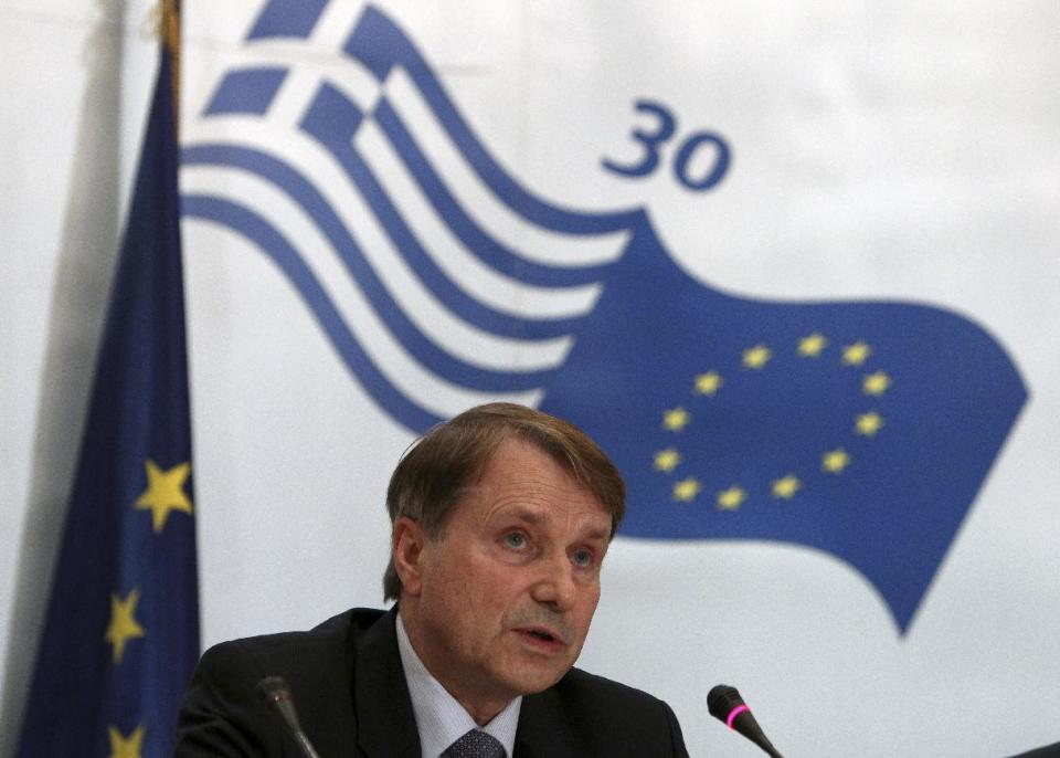 Horst Reichenbach, head of Task Force for Greece of the European Commission speaks during a news conference in Athens, Thursday, March 15, 2012. Eurozone countries formally approved a second bailout for Greece and authorized the release of euro 39.4 billion ($51.44 billion), as they had signaled last week. (AP Photo/Thanassis Stavrakis)