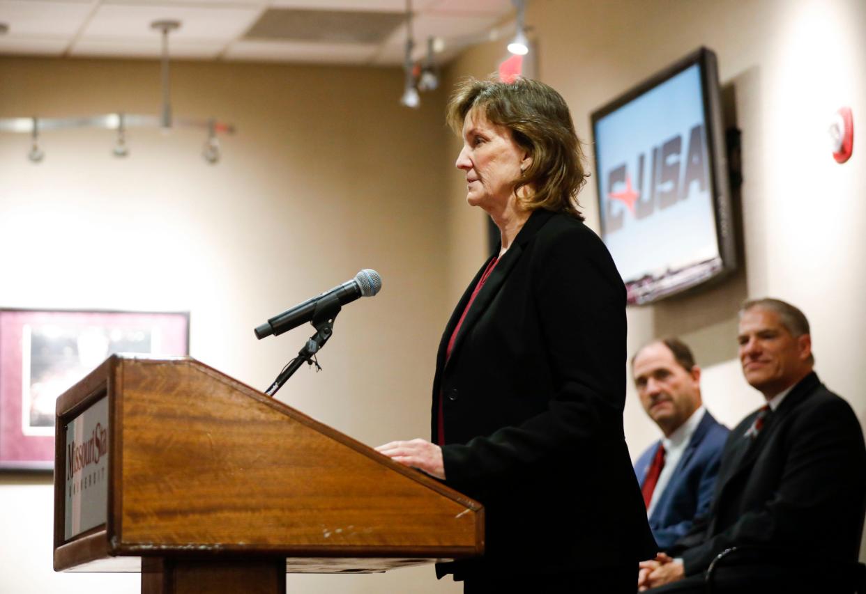 Conference USA Commissioner Judy MacLeod talks about why the conference added Missouri State as the 12th team to the CUSA during a press conference at Great Southern Bank Arena on Monday, May 13, 2024.