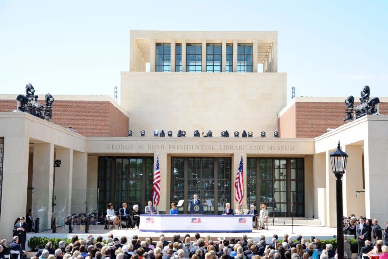 President George W. Bush delivers remarks at the dedication of his Presidential Library in Dallas on April 25, 2013. File Photo by Ian Halperin/UPI