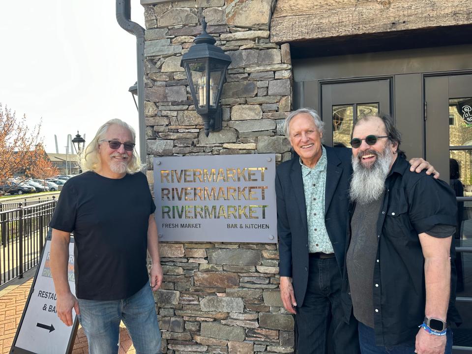 Restaurateur Glenn Vogt, left, and musicians Tom Chapin and Steve Earle helped begin fundraising on April 14 for a planned Hudson River Folk Festival in 2025.