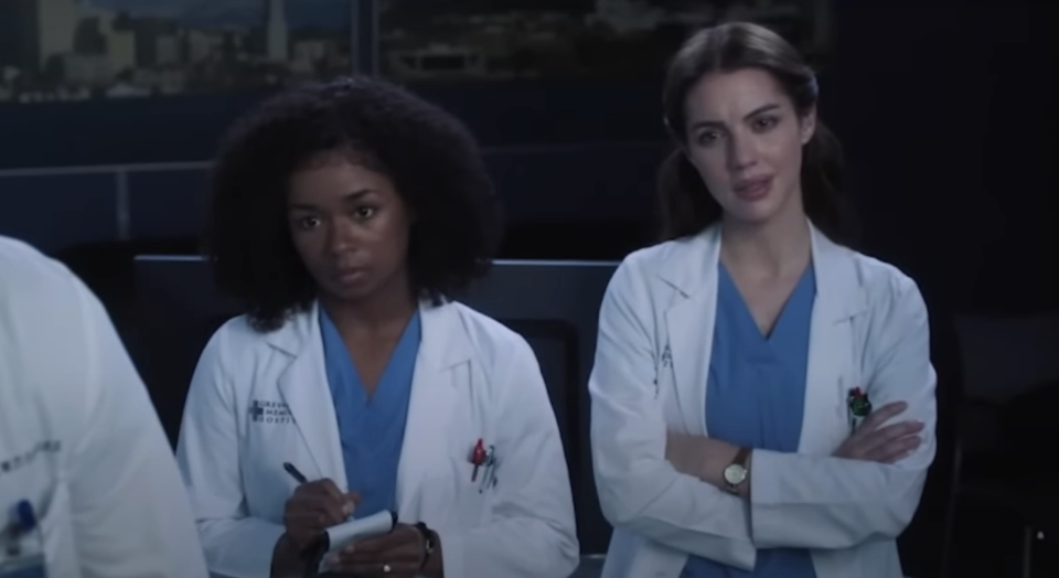 Two doctors on Grey's Anatomy looking concerned