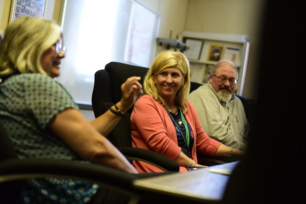 Jennifer Michaluk, the director of health education and planning, looks over to Dr. Annette Mercante during a meeting discussing Dr. Mercante's departure at the St. Clair Health Department in Port Huron on Tuesday, June 21, 2022.