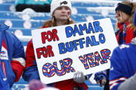 Fan shows support for Buffalo Bills safety Damar Hamlin prior to an NFL wild-card playoff football game between the Buffalo Bills and the Miami Dolphins, Sunday, Jan. 15, 2023, in Orchard Park, N.Y. (AP Photo/Jeffrey T. Barnes)