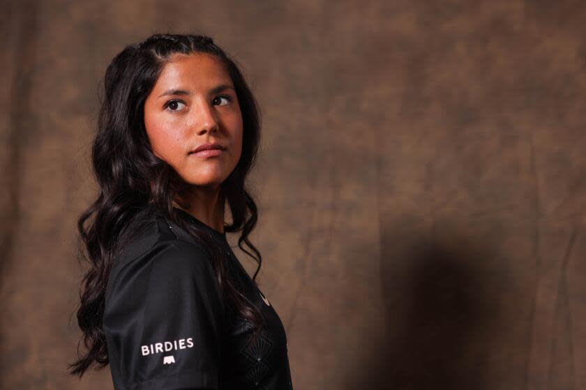 Stefany Ferrer Van Ginkel, a player on the Angel City football club, poses for a portrait