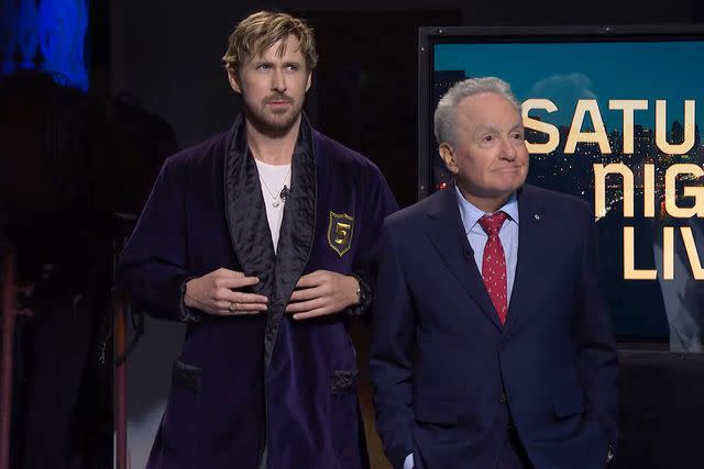<p>Saturday Night Live/YouTube</p> Ryan Gosling and Lorne Michaels on the April 6 episode of 'Saturday Night Live'