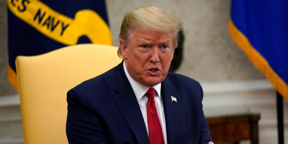 FILE - In this May 7, 2020, file photo, President Donald Trump speaks during a meeting about the coronavirus response in the Oval Office of the White House in Washington. The Supreme Court is taking up Trump’s bid to keep his tax, bank and financial records private, a major clash over accountability that could affect the 2020 presidential campaign. (AP Photo/Evan Vucci, File)