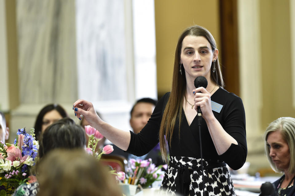 State Rep. Zooey Zephyr, D-Missoula, speaks on a motion to ban her from the Montana House of Representatives, Wednesday, April 26, 2023, at the Montana State Capitol in Helena, Mont. Republicans in Montana barred transgender lawmaker Zooey Zephyr from the House floor for the rest of the 2023 session on Wednesday, in retribution for protests against a decision to silence her for saying to colleagues you will “see the blood on your hands” over their votes to ban gender-affirming medical care for transgender children. (Thom Bridge/Independent Record via AP)