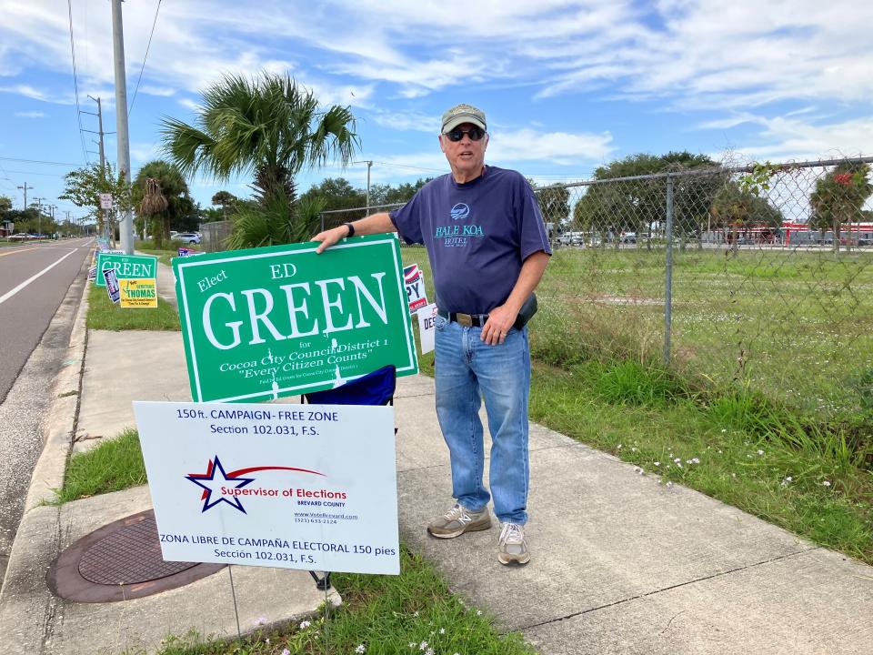 Tank Sherman set up a sign off Stone Street in support of his friend Ed Green, Cocoa City Council candidate in District 1.