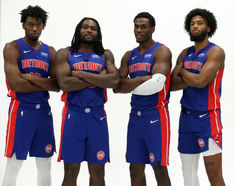 (From left) Pistons big men James Wiseman, Isaiah Stewart, Jalen Duren and Marvin Bagley III pose during media day on Monday, Oct. 2 2023, at Little Caesars Arena.