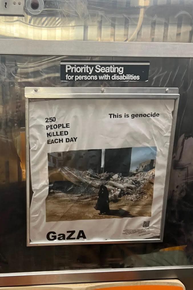 Anti-Israel vandals have been doctoring and defacing subway ads this year to denounce the Israel-Hamas war in Gaza.