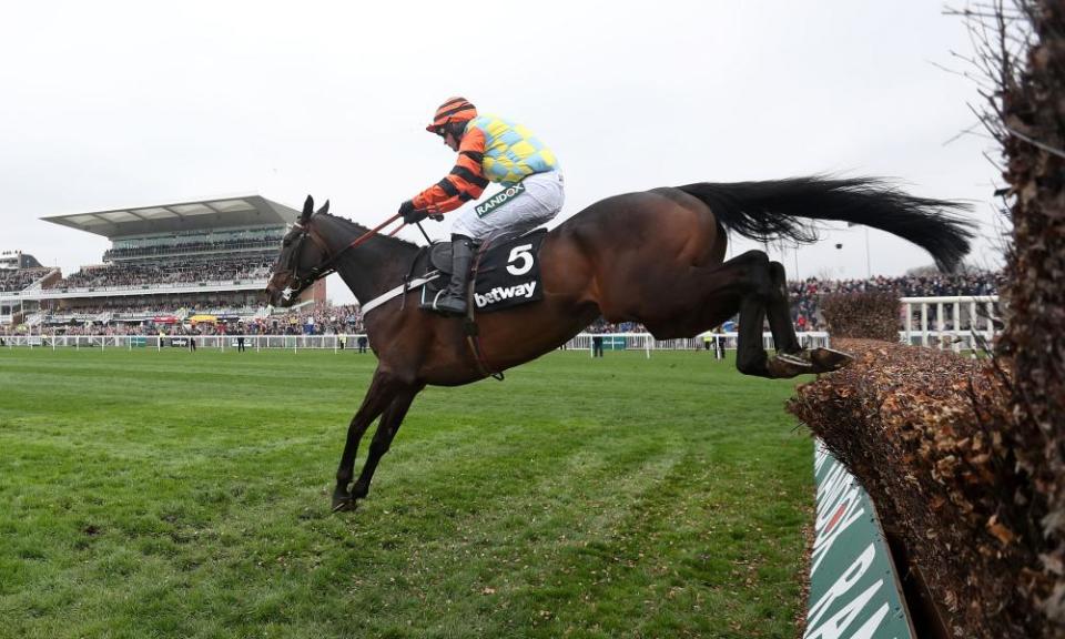 Might Bite, ridden here by Nico de Boinville in this year’s Betway Bowl Chase, tired badly in the last quarter-mile at Haydock. 