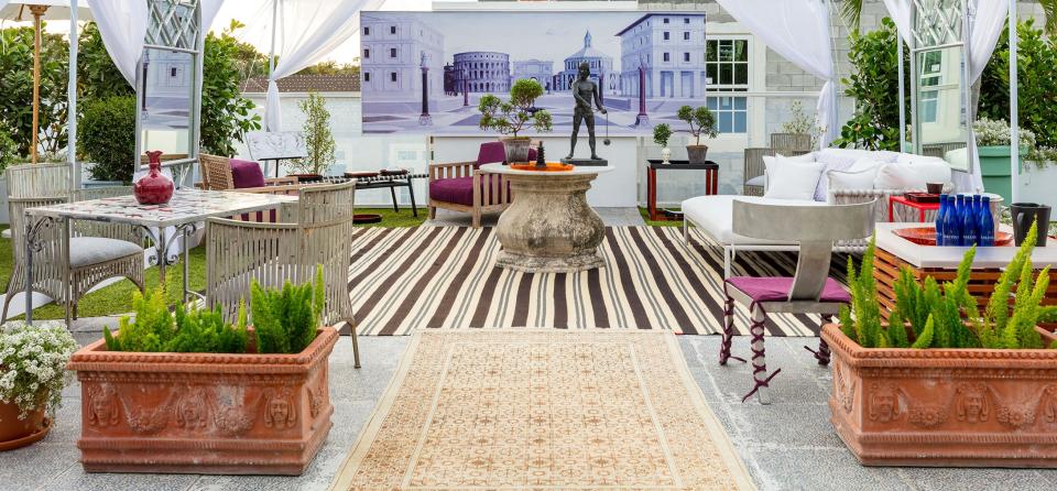 For his "Tent Folly" on the roof of the Kips Bay Decorator Show House Palm Beach, designer Allan Reyes made the focal point a reproduction of a late-15th-century Renaissance painting.