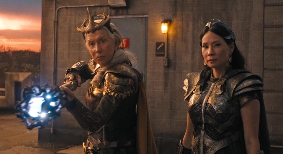HELEN MIRREN as Hespera and LUCY LIU as Kalypso in New Line Cinema’s action adventure “SHAZAM! FURY OF THE GODS,” a Warner Bros. Pictures release.