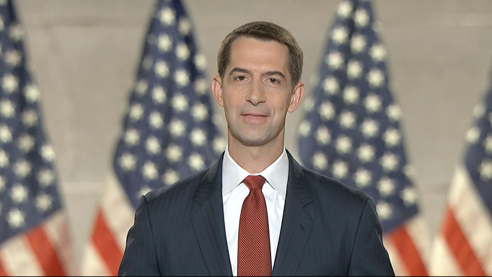 In this image from video, Sen. Tom Cotton, R-Ark., speaks from Washington, during the fourth night of the Republican National Convention on Thursday, Aug. 27, 2020. (Courtesy of the Committee on Arrangements for the 2020 Republican National Committee via AP)