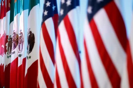 Flags of Canada, Mexico and the U.S. are seen before a joint news conference on the closing of the seventh round of NAFTA talks in Mexico City, Mexico March 5, 2018. REUTERS/Edgard Garrido