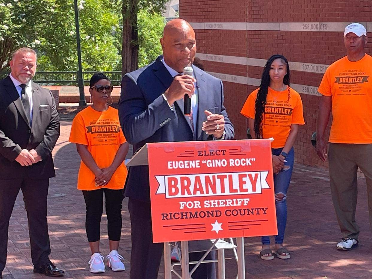 FILE - Speaking at a press conference at Riverwalk Augusta on May 29, 2024, Richmond County sheriff candidate Eugene "Gino Rock" Brantley accepted the support of defeated challenger Bo Johnson (far left) in the June 18 against incumbent Richard Roundtree.