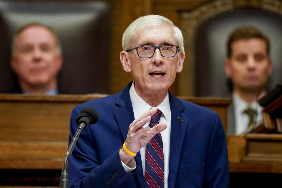 FILE - Wisconsin Gov. Tony Evers addresses a joint session of the state Legislature in the Assembly chambers during the governor's State of the State speech at the state Capitol in Madison, Wis., Feb. 15, 2022. On Thursday, Jan. 12, 2023, Wisconsin became the latest state to ban the use of TikTok on state phones and other devices, a move that comes from Evers amid a push for a federal ban and after nearly half of the states nationwide have blocked the popular app. (AP Photo/Andy Manis, File)