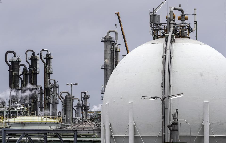 FILE - A gas tank is seen at a chemical plant in Oberhausen, Germany, on April 6, 2022. European governments were poised to ban on Russian coal imports despite the near-certainty of higher utility bills and inflation. But the limited energy sanction only underlined inability to agree on a much more sweeping ban on oil and gas that would hit Russia much harder but risk inflation and recession at home. (AP Photo/Martin Meissner, File)