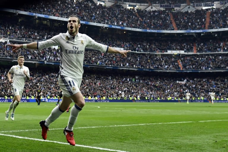 Real Madrid's Gareth Bale celebrates scoring a goal against RCD Espanyol at the Santiago Bernabeu stadium in Madrid on February 18, 2017