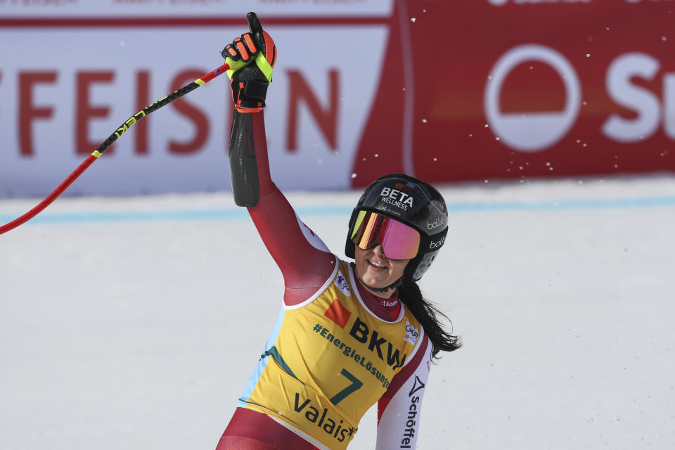 Austria's Stephanie Venier gets to the finish area after completing an alpine ski, women's World Cup super-G, in Crans Montana, Switzerland, Sunday, Feb. 18, 2024. (AP Photo/Marco Trovati)