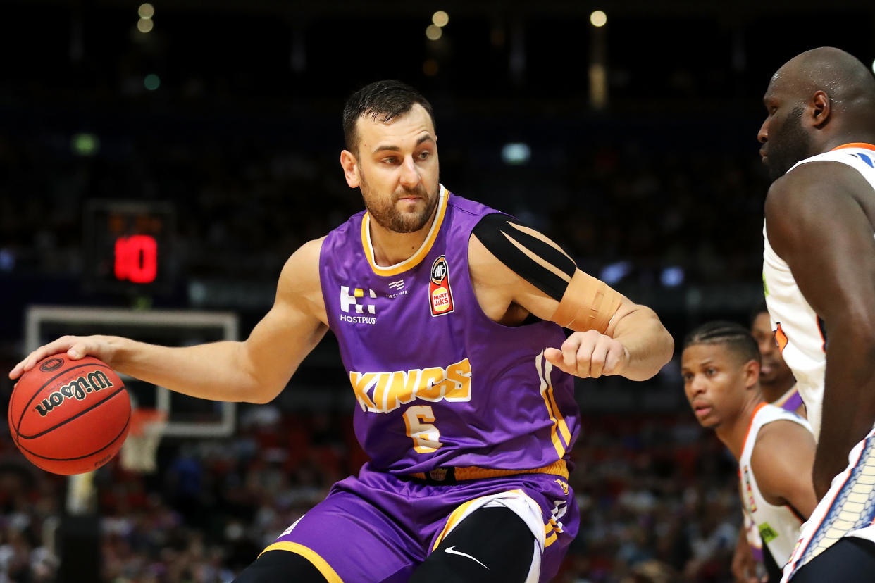 SYDNEY, AUSTRALIA - DECEMBER 08: Andrew Bogut of the Kings drives to the basket during the round 10 NBL match between the Sydney Kings and the Cairns Taipans at Qudos Bank Arena on December 08, 2019 in Sydney, Australia. (Photo by Mark Kolbe/Getty Images)