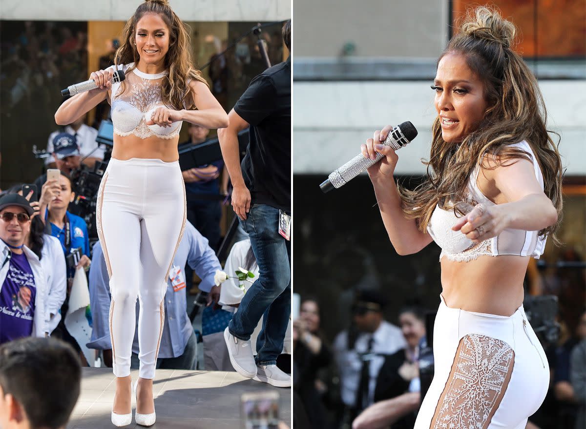 Jennifer Lopez teamed up with "Hamilton" creator Lin-Manuel Miranda to perform tribute to to those affected by the Orlando Pulse shooting. The singer, outfitted in a white sheer crop and matching pants, performed her new song "Love Make the World Go Round" on NBC's "Today" at Rockefeller Plaza on July 11, 2016 in New York City. The audience included 50 Orlando survivors and family members.