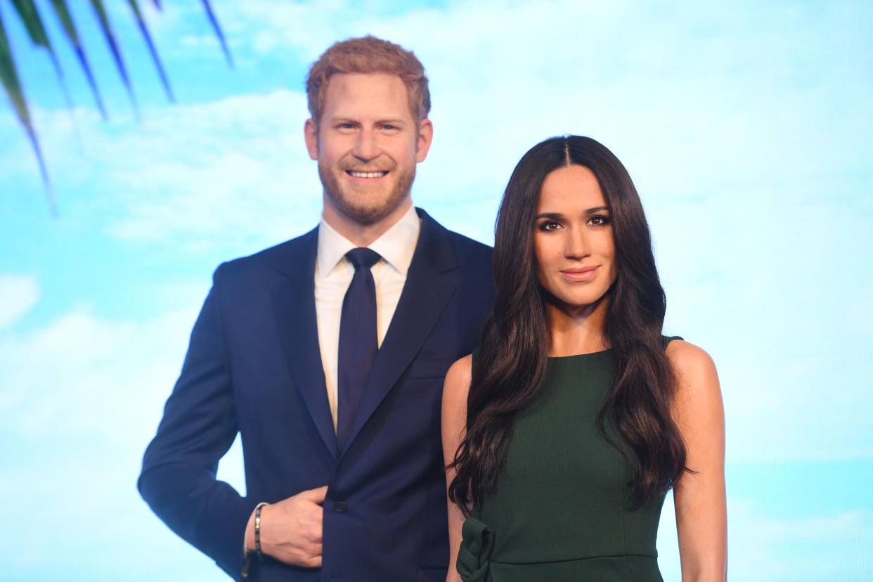 Prince Harry and Meghan Markle's waxworks in Madame Tussauds London. [Photo: PA]