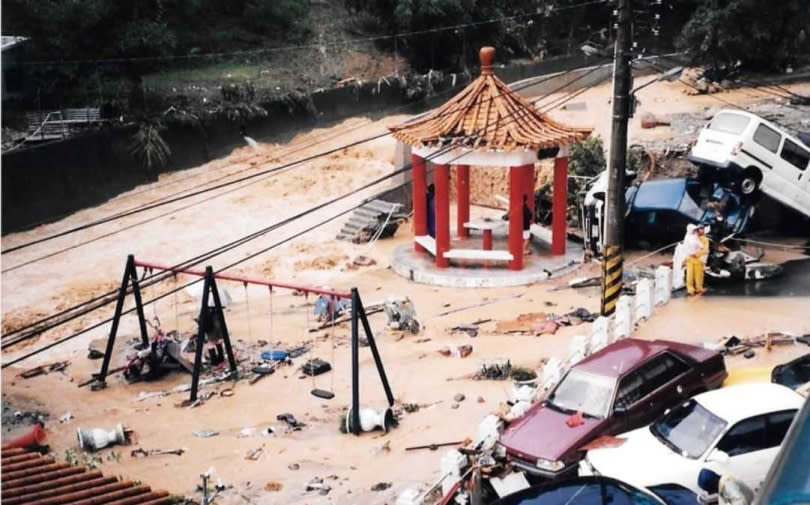 2001年納莉颱風造成康誥坑溪洪水爆發，不但淹沒水源路二段的公園和道路，也將車輛沖致相疊，因此「美麗山林」違法在河道護岸搭設管線橋，附近居民才如此不安。