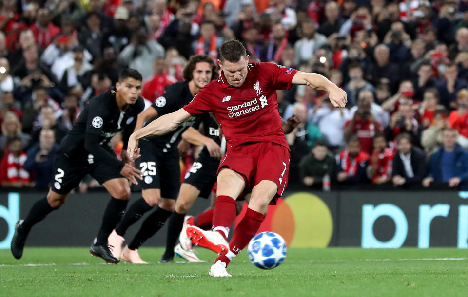 Liverpool’s James Milner scores his side’s second goal of the game from the penalty spot