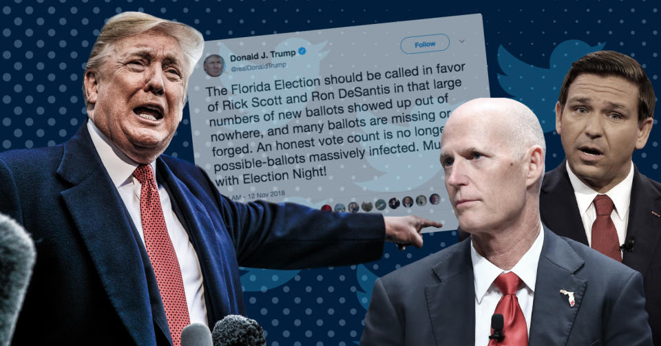 President Trump, Rick Scott and Ron DeSantis. (Yahoo News photo Illustration; photos: AP, Getty)