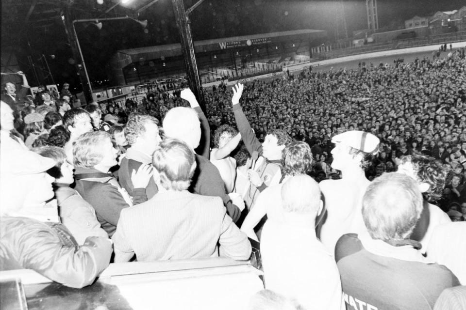 Graham Taylor takes to the microphone to address an ecstatic Vicarage Road <i>(Image: Watford Observer)</i>