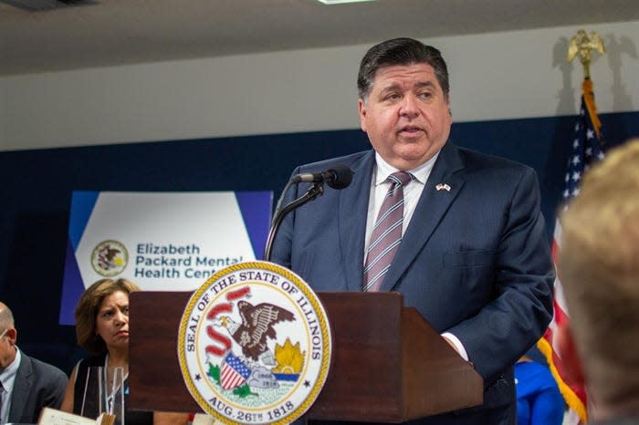 Gov. JB Pritzker speaks at a news conference in Springfield in August 2023. His administration announced a $231,900 fine of Blue Cross Blue Shield of Illinois' parent company on Friday.