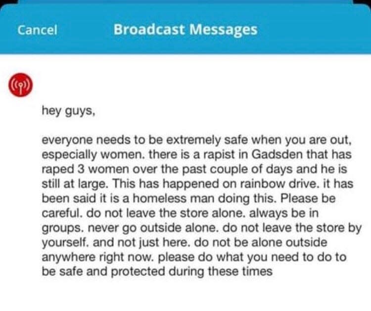 Messages like this one -- captured in a screenshot -- have circulated on social media in recent days, spurring concerns in the Country Club/Clubview area of Gadsden. Law enforcement officials say there was a single isolated incident reported, not multiple attacks as rumored.